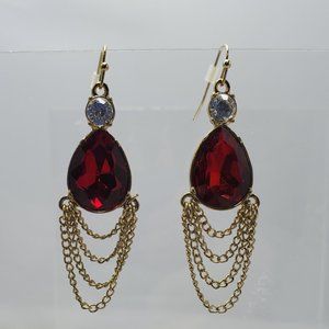 Bijou red garnet stone tassel fish hook earring